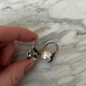 Pearl Earrings with Leaf Detailing on Front